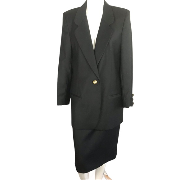 Vintage 100% Virgin Wool Black Career Skirt Suit